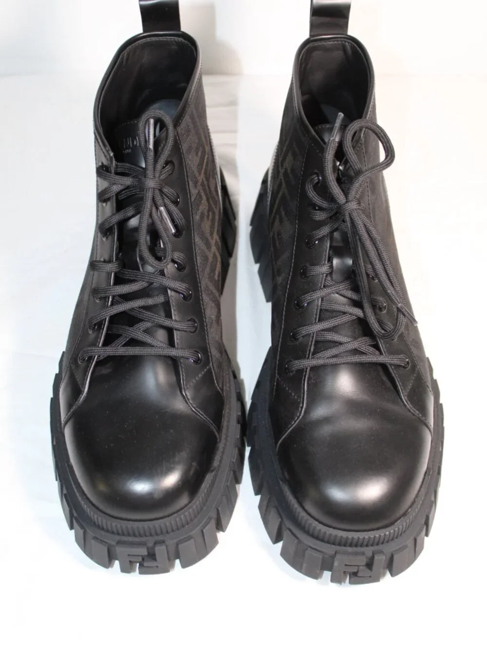 NEW FENDI Force Biker Boots FF Jacquard Canvas Lace Up Lug Sole Mens 12